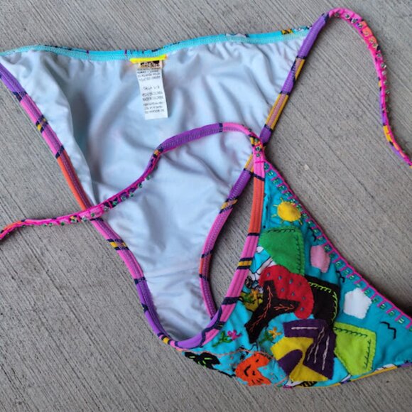 AGUA BENDITA Beaded Embellished Adjustable Side Tie Bikini Swimsuit Bottoms L - Picture 8 of 9